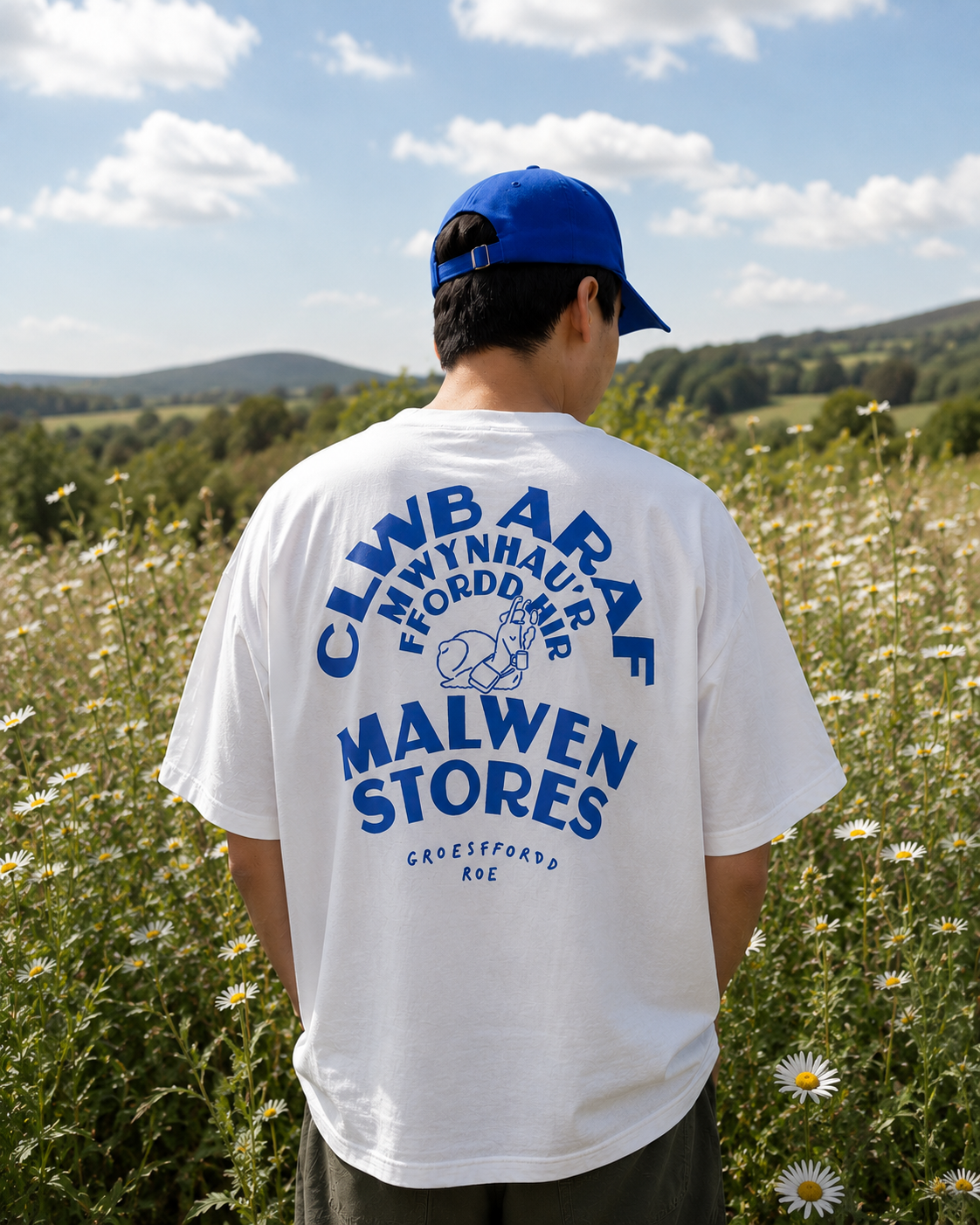 Clwb Araf Tee — white t-shirt with blue Malwen Stores print